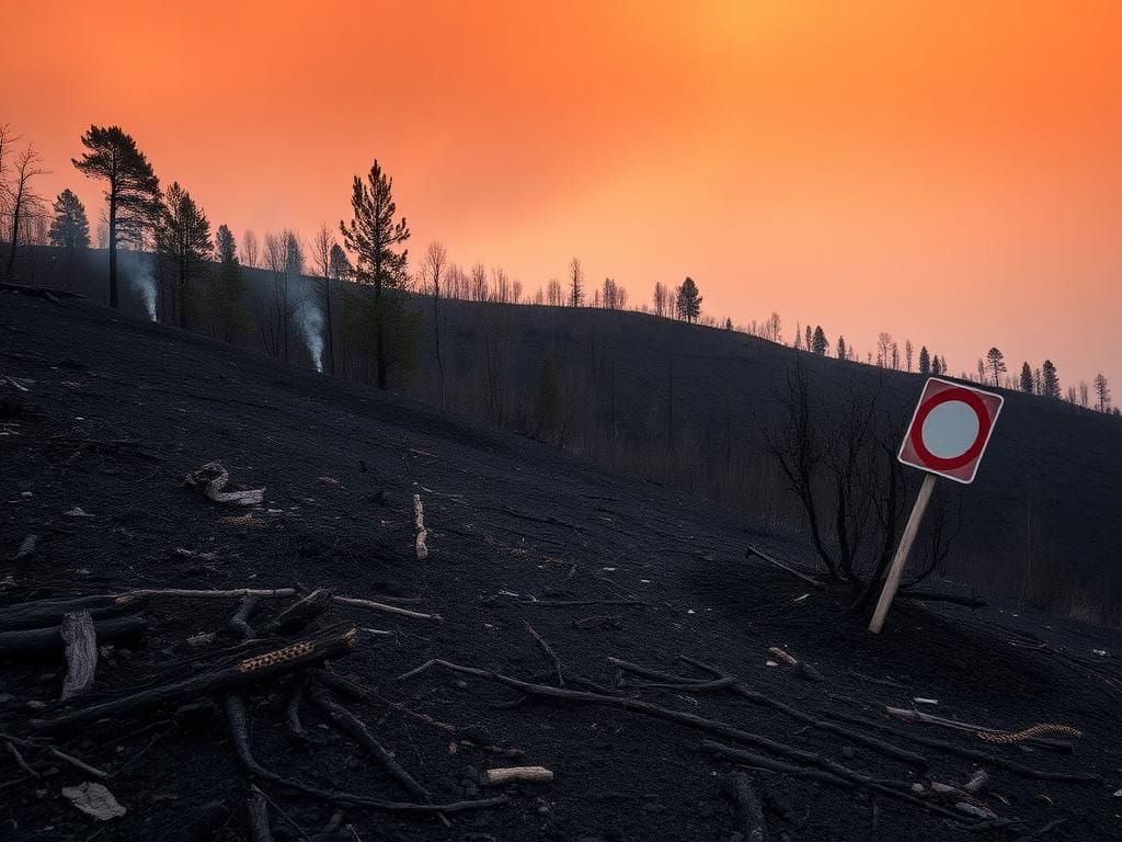 Flick International Charred hillside aftermath of the Palisades Fire with burnt trees and smoky sky