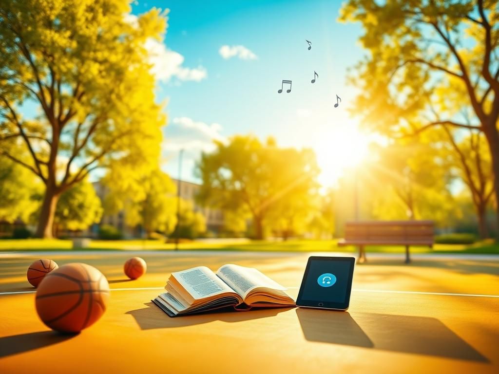 Flick International Sunlit urban park scene with basketball court and Bibles
