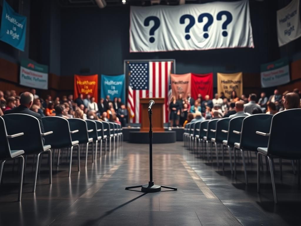 Flick International Town hall setting with empty chairs and podium draped in American flag