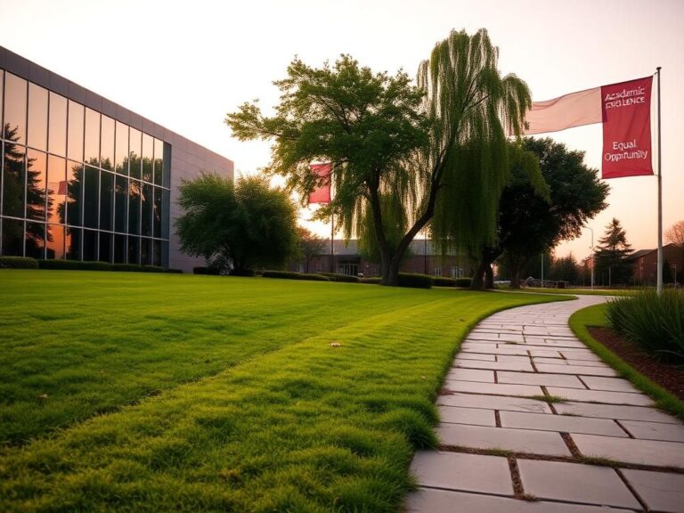 Flick International A serene university campus at dawn with modern architecture reflecting early light