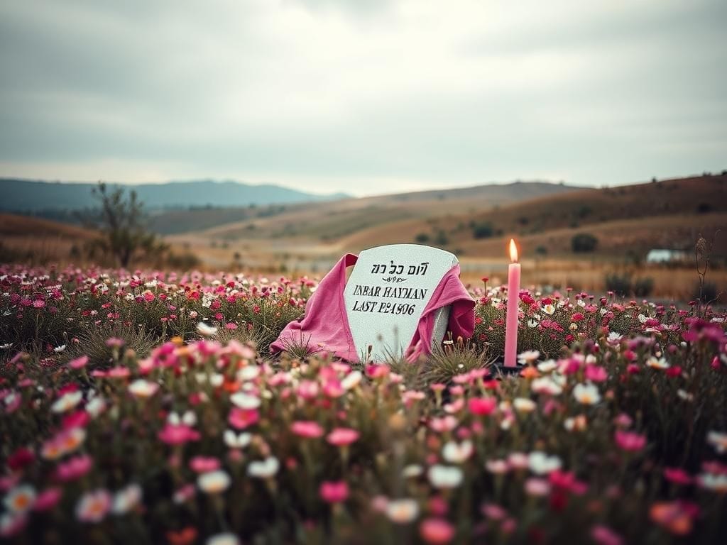 Flick International Somber memorial site with headstone for Inbar Hayman surrounded by wildflowers