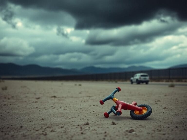 Flick International Abandoned child's toy on dusty ground at U.S.-Mexico border