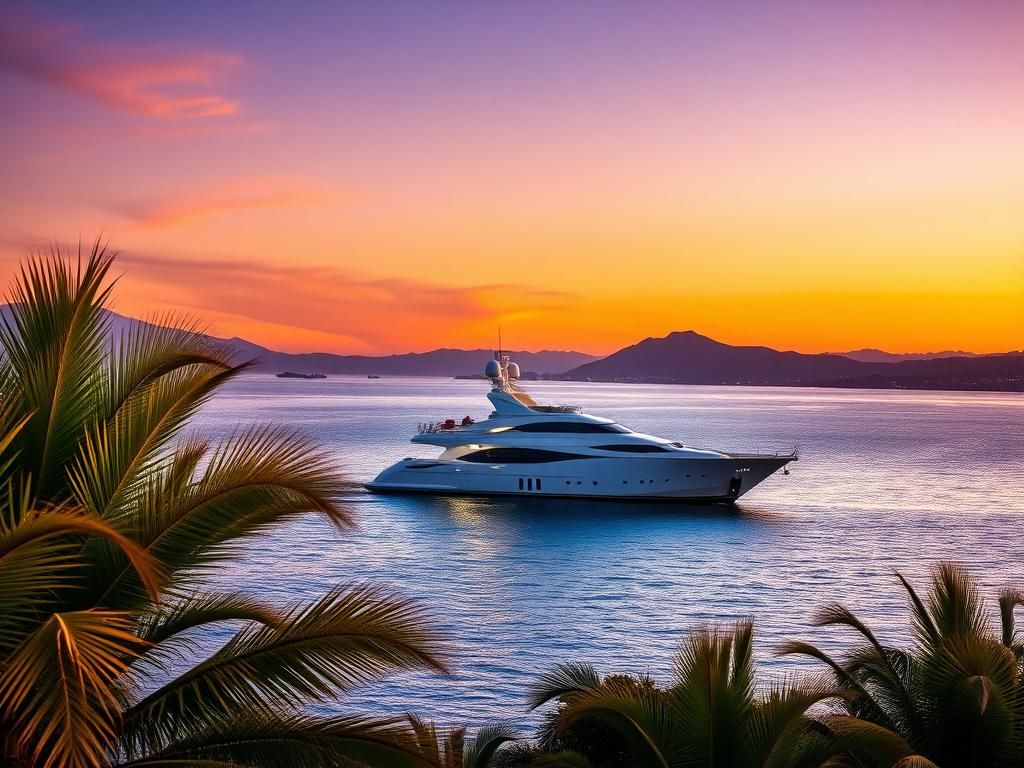 Flick International Serene coastal sunset with luxury yacht 'Caravelle' off Santa Barbara