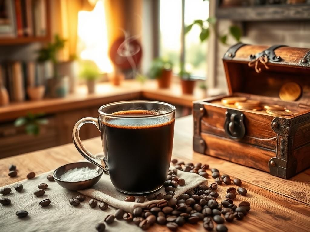 Flick International A warm kitchen scene featuring a steaming cup of black coffee and an antique chest revealing gold coins.