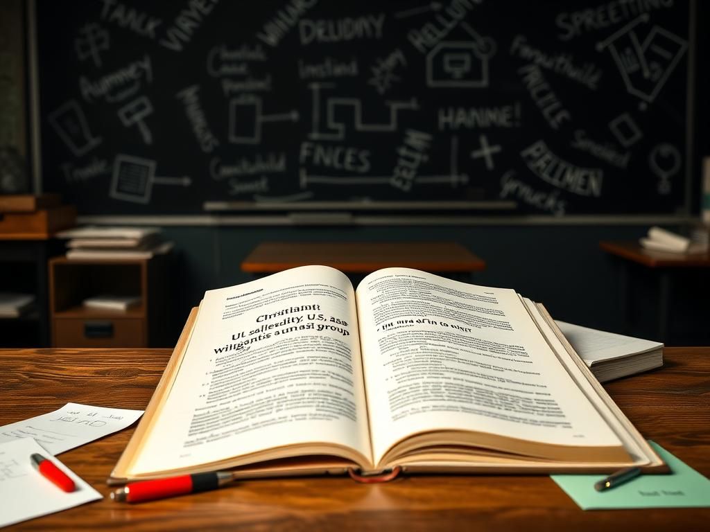 Flick International Open textbook on a wooden desk with a highlighted passage labeling Christianity as a white supremacist group