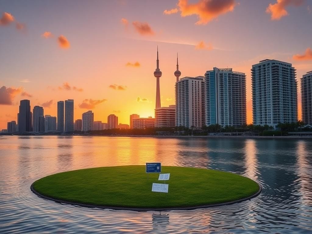Flick International Serene waterfront view of downtown Miami showing luxury buildings and the historic Freedom Tower, with land for a proposed presidential library