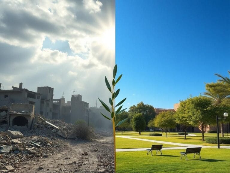 Flick International A split scene showing a conflict-damaged urban area in Gaza contrasting with a peaceful campus setting.