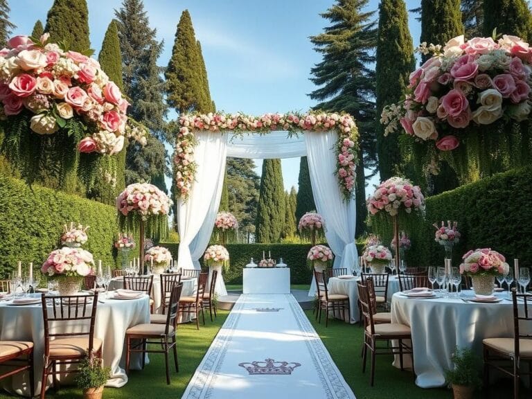 Flick International Elegant wedding scene in a lush garden with floral arrangements