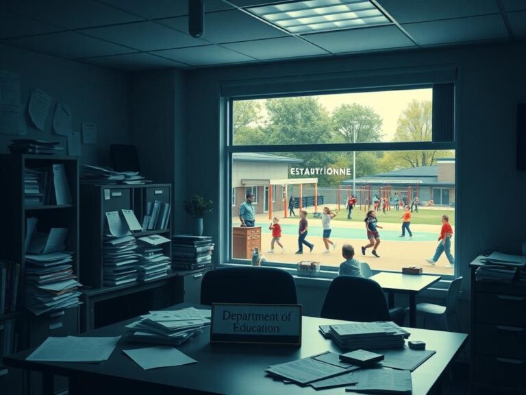 Flick International Dimly lit office filled with clutter and an empty desk with an upside-down 'Department of Education' nameplate, contrasting with a vibrant school playground in the background.