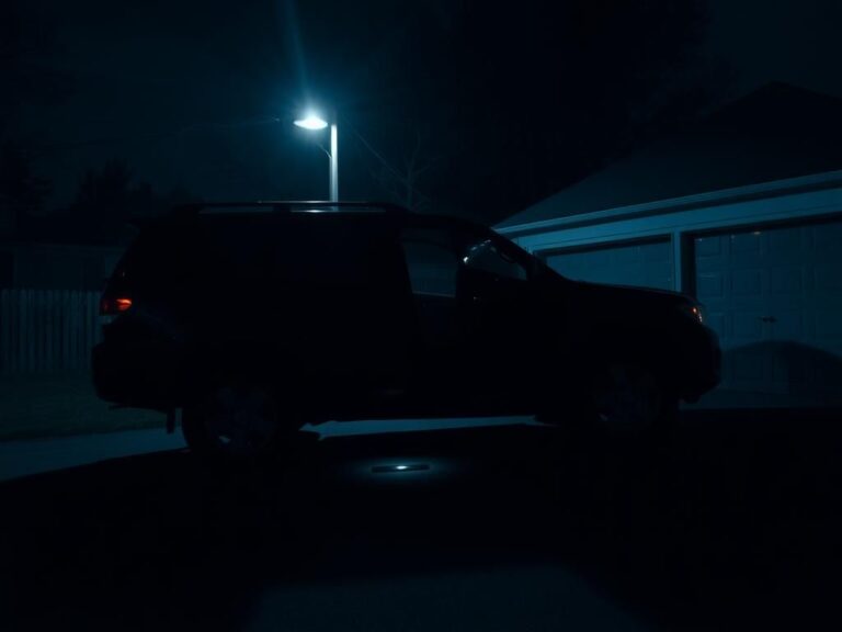 Flick International A black SUV parked in a dimly lit suburban driveway at night with an Apple AirTag visible underneath