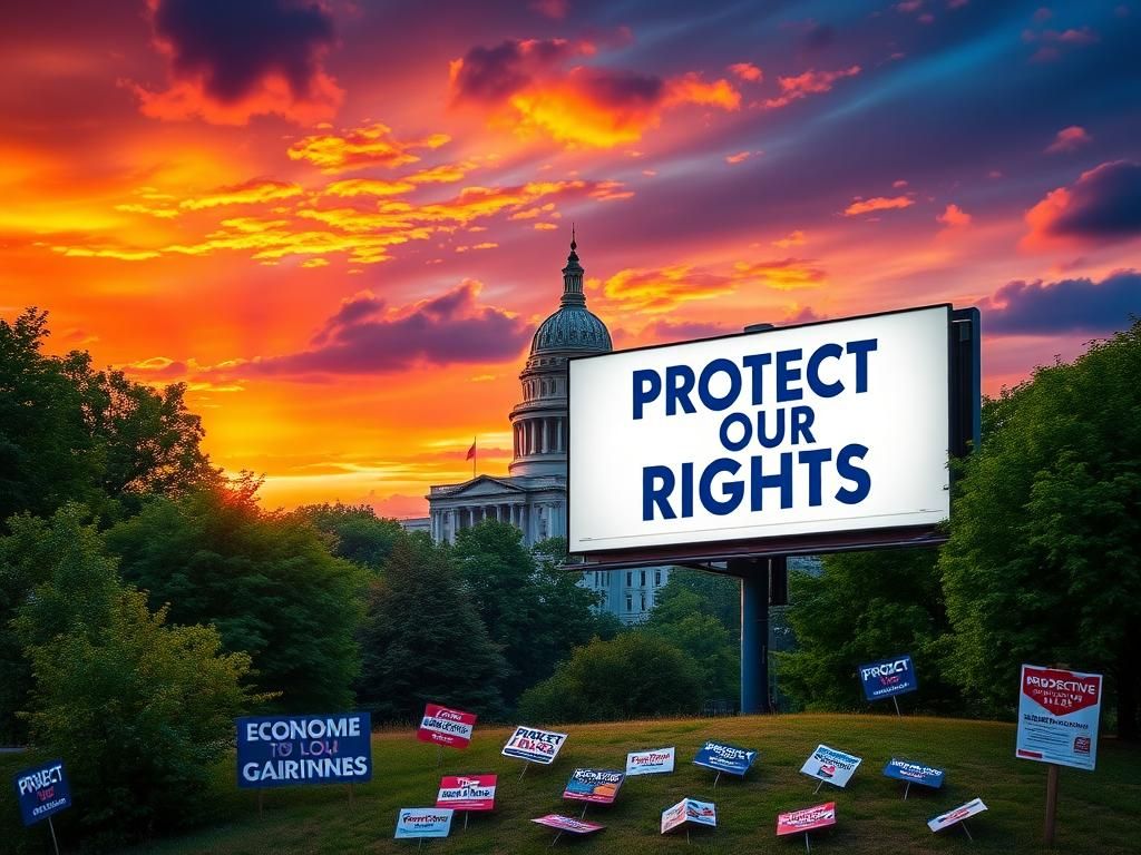 Flick International Virginia landscape featuring the state capitol building at sunset with a 'Protect Our Rights' billboard