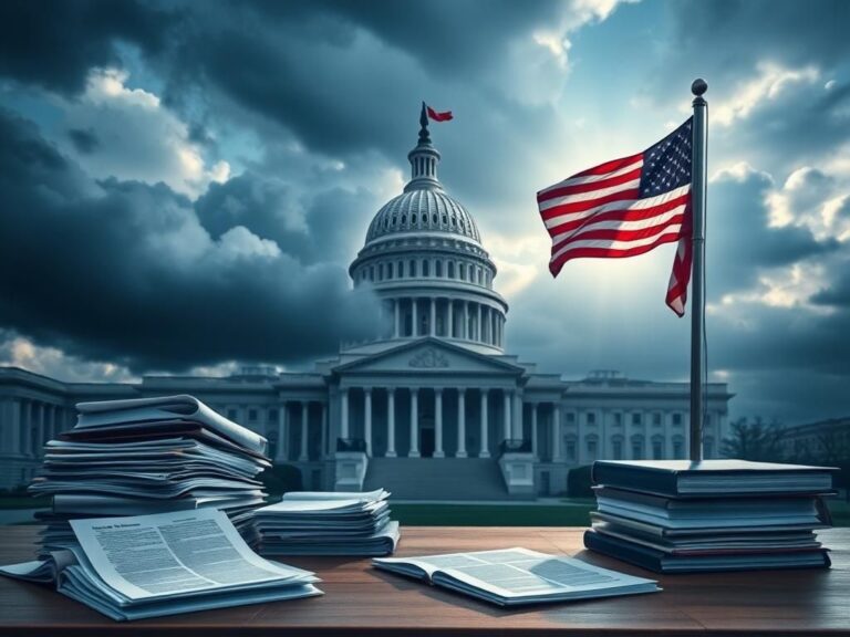 Flick International Large Capitol building shrouded in dark clouds with military flag and legislative documents in foreground