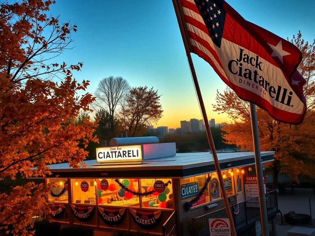 Flick International Aerial view of a bustling diner in New Jersey with autumn foliage and campaign signs for Jack Ciattarelli