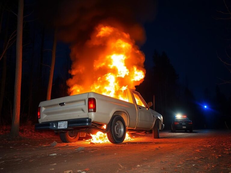 Flick International Pickup truck engulfed in flames during police chase incident