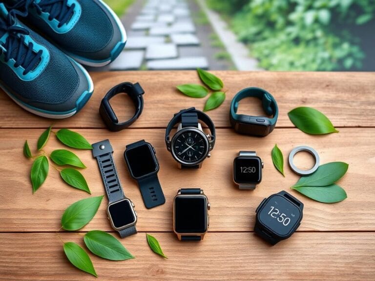 Flick International Flat lay of various fitness trackers including smartwatches and pedometers on a wooden surface