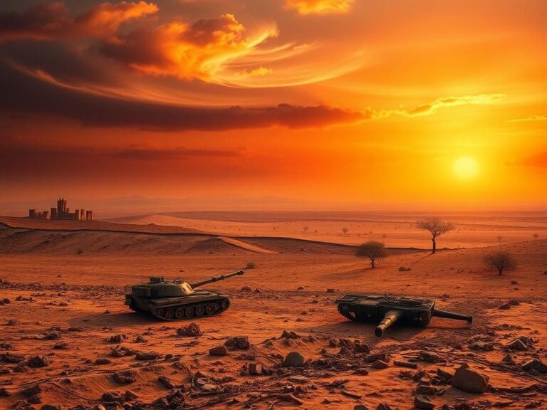 Flick International Dramatic sunset over a desolate Middle Eastern landscape with remnants of military equipment