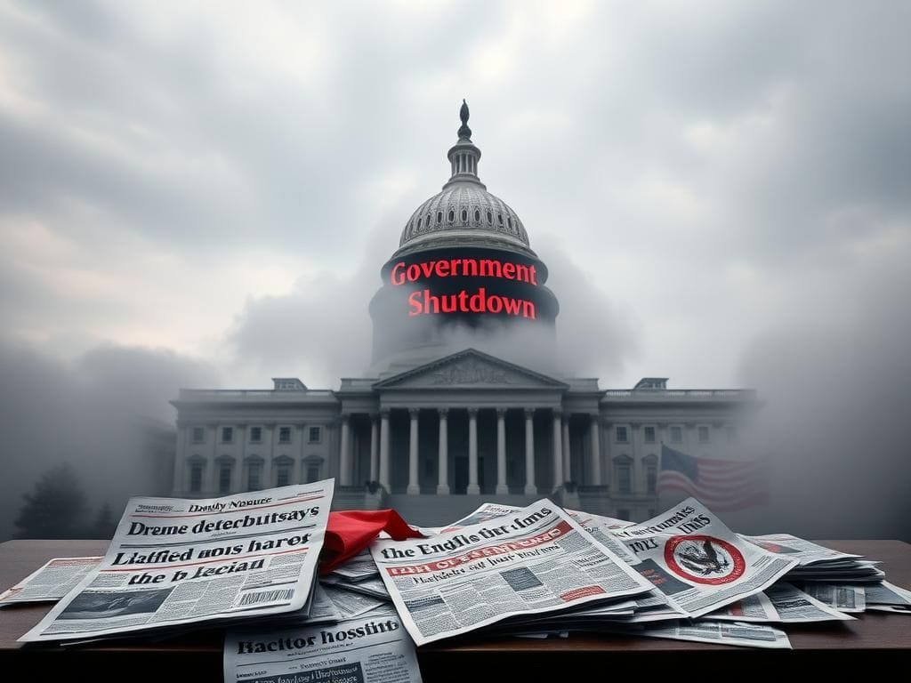 Flick International Dramatic government building shrouded in fog during a shutdown