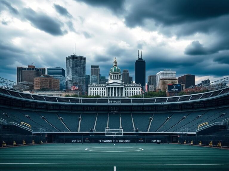 Flick International Empty sports stadium in Boston under an overcast sky highlighting safety concerns for World Cup 2026