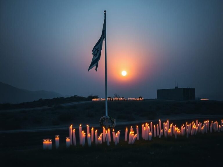 Flick International Memorial scene at Nahal Oz base with flag at half-mast and candles