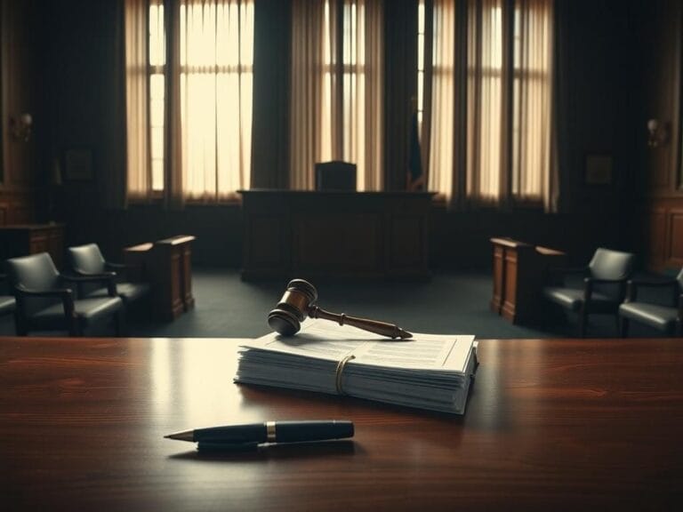 Flick International A courtroom scene featuring a wooden judge's bench and a stack of legal documents on a mahogany table.