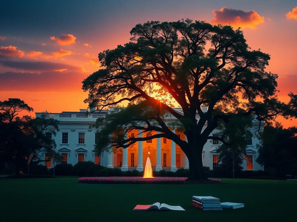 Flick International Artistic representation of the White House with a sunset background symbolizing political ambition