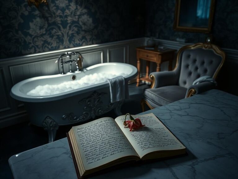 Flick International Dimly lit room with ornate bathtub, luxurious ambiance, and open diary symbolizing secrets