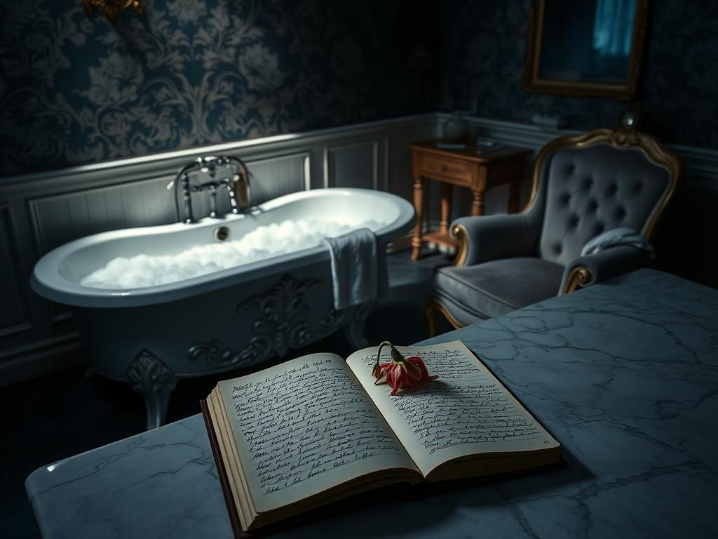 Flick International Dimly lit room with ornate bathtub, luxurious ambiance, and open diary symbolizing secrets