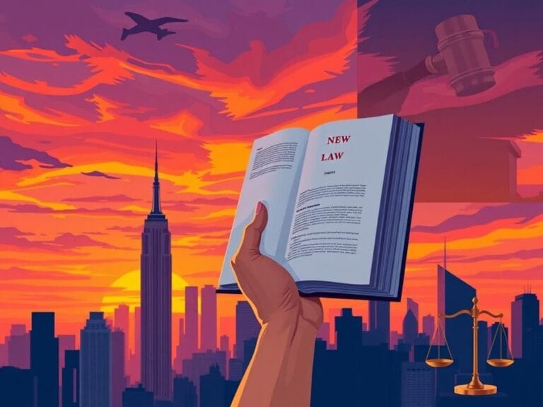Flick International Conceptual illustration of New York City skyline at sunset with a raised hand holding a law book