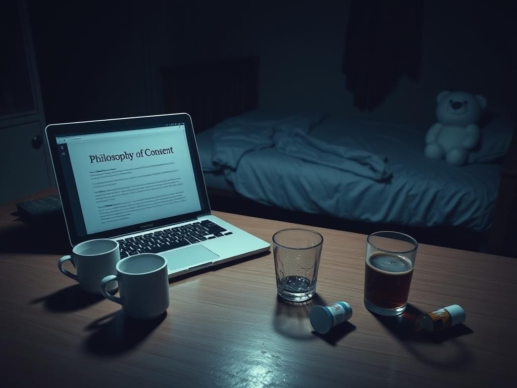 Flick International Dimly lit university dorm room depicting an ominous atmosphere related to drugging and manipulation.