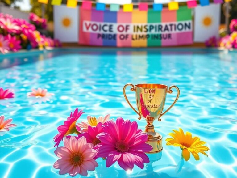 Flick International Tranquil swimming pool surrounded by vibrant rainbow flowers symbolizing inclusivity