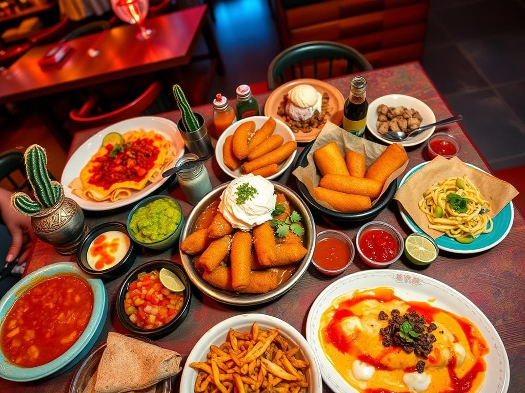 Flick International A vibrant restaurant table filled with classic Mexican dishes and decorative elements