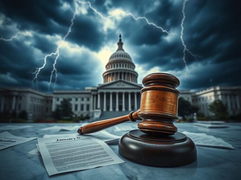 Flick International A tense scene of the U.S. Capitol building with stormy skies and a weathered gavel symbolizing political decisions.