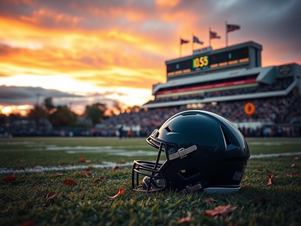 Flick International Dramatic college football scene with a vibrant field and empty helmet symbolizing intensity