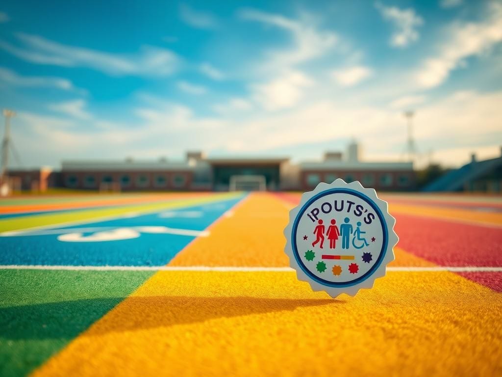 Flick International Close-up view of a colorful youth sports field with distinct markings for various sports and a vibrant emblem symbolizing inclusivity.