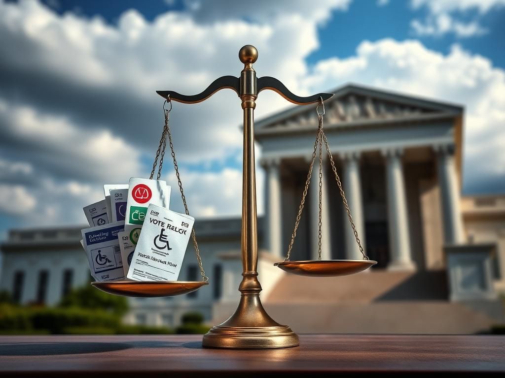 Flick International A symbolic scale of justice with diverse voting ballots representing minority voters.