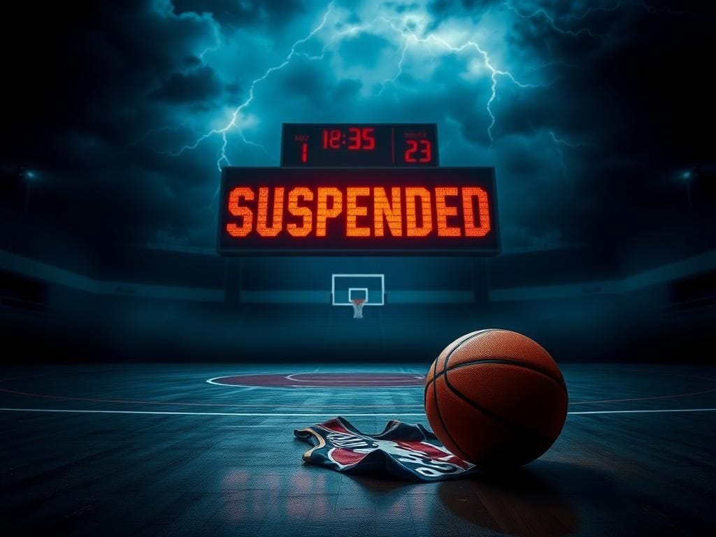 Flick International A shadowy basketball court with a broken scoreboard displaying 'SUSPENDED'