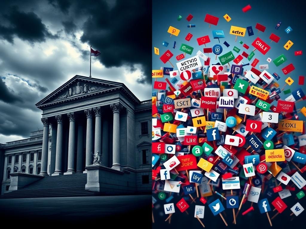 Flick International A split scene illustrating political tension with a grand courthouse under dark clouds and a chaotic swirl of media headlines