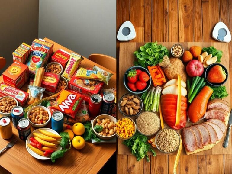 Flick International A split image contrasting ultra-processed foods with healthy whole foods on a wooden dining table.