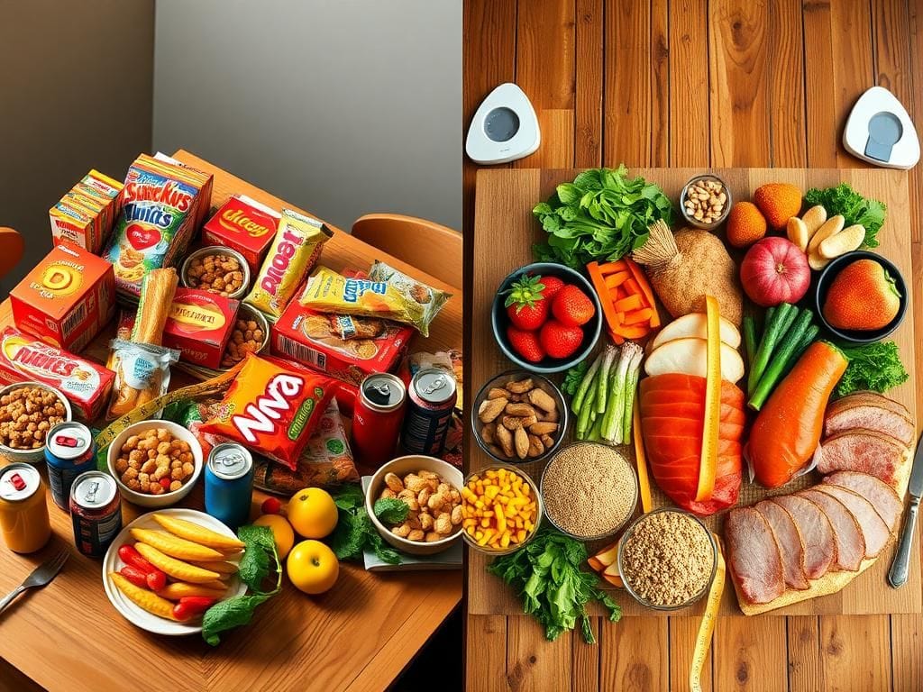 Flick International A split image contrasting ultra-processed foods with healthy whole foods on a wooden dining table.