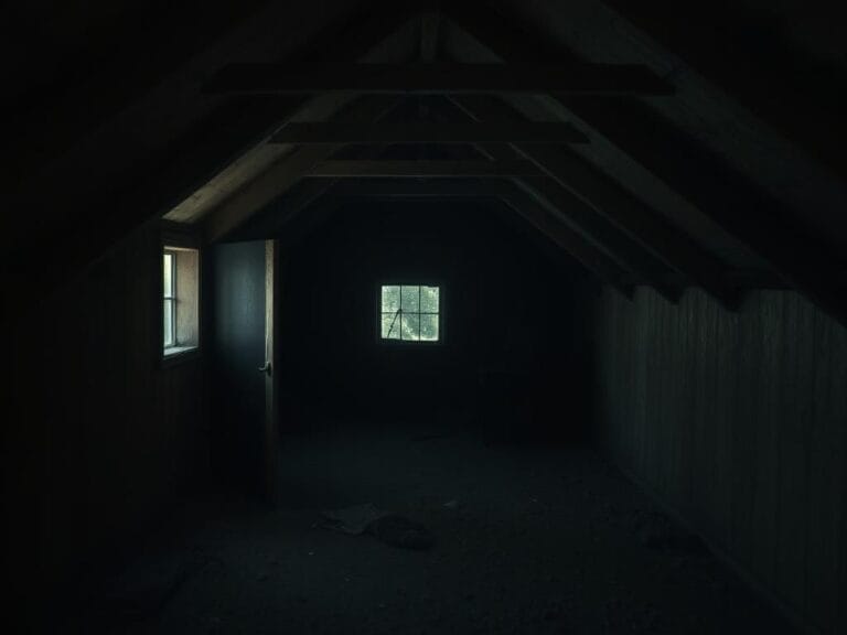 Flick International Dimly lit attic space with a secret entrance revealing a dark nook