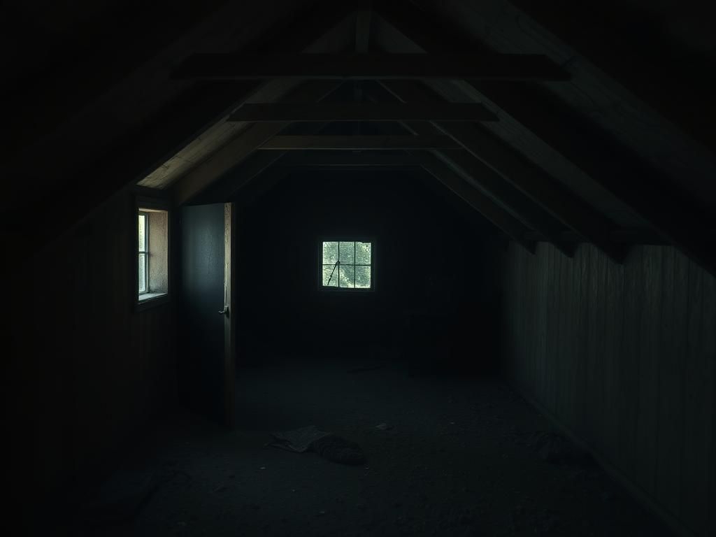 Flick International Dimly lit attic space with a secret entrance revealing a dark nook