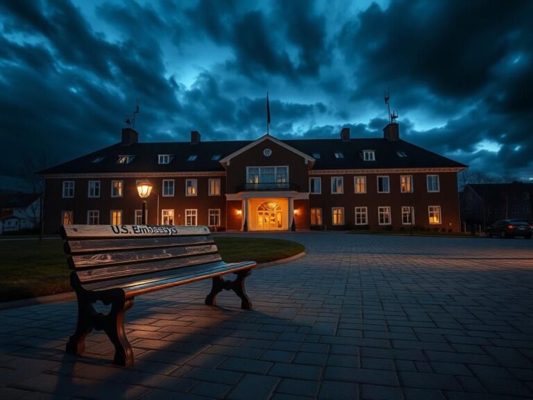 Flick International Exterior view of a U.S. Embassy building in Norway at dusk, illuminated by lights with an ominous sky.