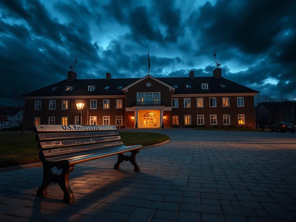 Flick International Exterior view of a U.S. Embassy building in Norway at dusk, illuminated by lights with an ominous sky.
