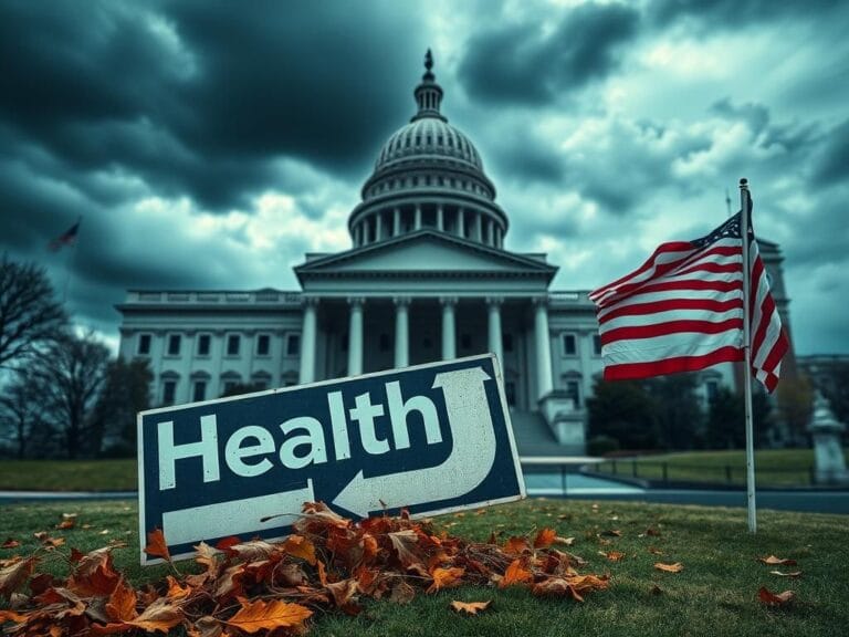 Flick International A broken healthcare sign half-buried in autumn leaves in front of a government building, symbolizing political tension