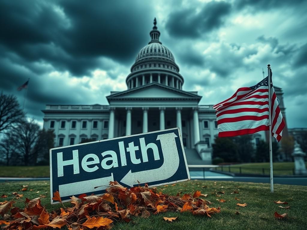 Flick International A broken healthcare sign half-buried in autumn leaves in front of a government building, symbolizing political tension