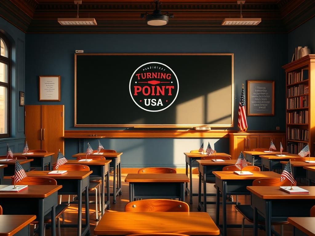 Flick International Classroom in a private classical school with a large Turning Point USA logo on the chalkboard