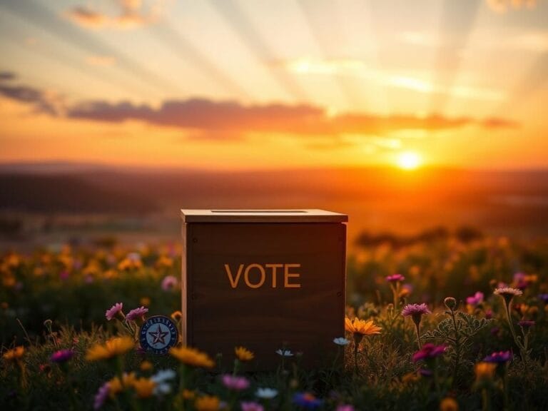 Flick International A serene sunset over blooming wildflowers with an open wooden voting box in the foreground