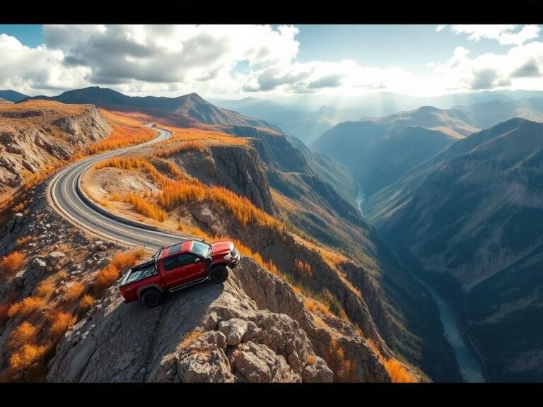 Flick International Aerial view of U.S. Highway 550 showing the dramatic landscape and a mangled pickup truck near a cliff edge