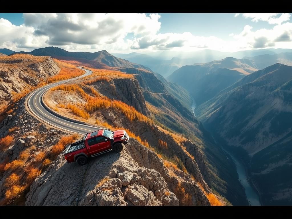 Flick International Aerial view of U.S. Highway 550 showing the dramatic landscape and a mangled pickup truck near a cliff edge