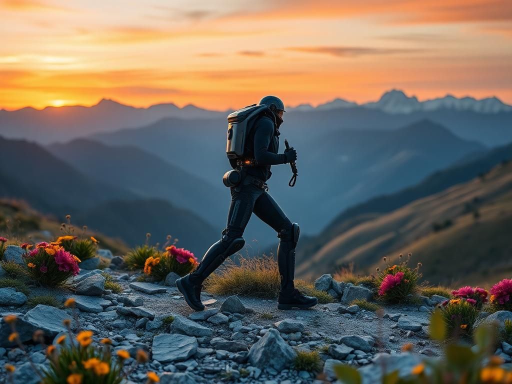 Flick International Futuristic exoskeleton displayed on a rocky trail against a mountain backdrop at sunrise